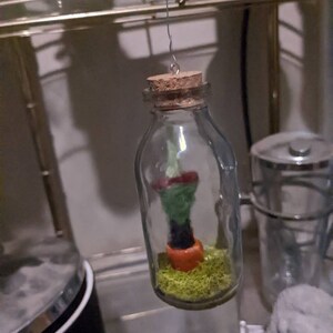 May include: A clear glass bottle with a cork stopper, suspended by a wire. Inside, a miniature scene features a green and red object atop a black base, set on a bed of green moss and an orange carrot. The bottle is hanging from a metal bar.