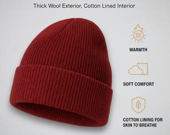 Beanie Cap Cotton-Lined Wool, Ribbed Knit Winter Hat, Unisex Slouchy Cuffed, Hypoallergenic Soft Headwear for Cold Weather