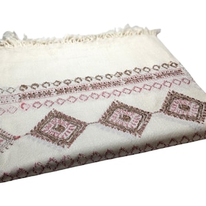 Women Wool Shawl 100% Pure Oversized Wrap 44&quot;x92&quot; Off-White Rhombus Embroidery & Borders Casual Wedding Gift for Her
