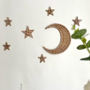 Wall hanging Set moon and 5 stars, kids room crescent decor, wicker nursery decor