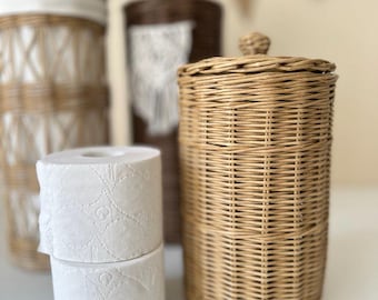 Wicker Toilet Paper Holder with Lid: Cylinder Storage Basket