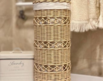 Cesta de mimbre para papel higiénico con funda de lino - Organizador de baño