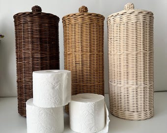 Toilet paper holder for 5 rolls Storage wicker basket with lid Cylinder bathroom organizer