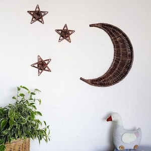 Crescent Set Moon and 5 stars Wicker Wall Decor, Kids Nursery Art