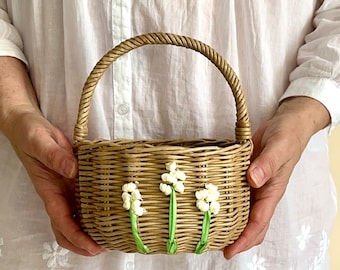 Flower girl basket with original flowers embroidered with ribbons Rustic wedding basket Mini wicker basket Small girl petals basket