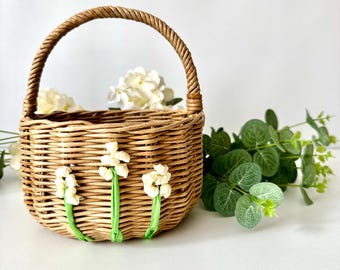 Flower girl basket with original flowers embroidered with ribbons Rustic wedding Decor