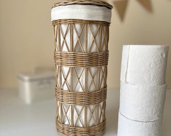 Portarrollos de mimbre para papel higiénico con tapa: cesta de almacenamiento para el baño