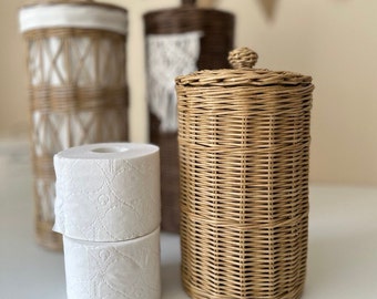 Toilet paper storage wicker basket lidded Spare Roll Holder