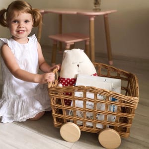 Nursery toy organizer, toddler gifts, decor for nursery, storage wicker basket, box with wheels, childrens toy box