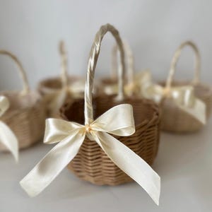 Beige flower girl basket with handle and ribbon bow Round white Rustic wedding Decor