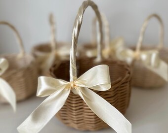 Wicker Flower Girl Basket: Beige Rustic Wedding Basket with Ivory Bow