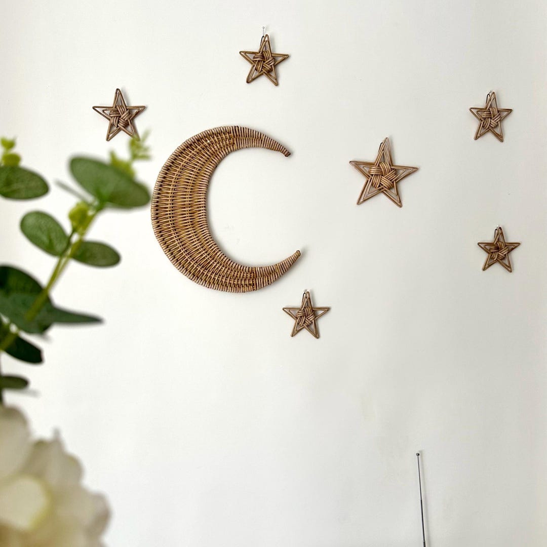 Set of Moon and 5 Stars, Wicker Nursery Wall Hangings Art, Kids Room ...