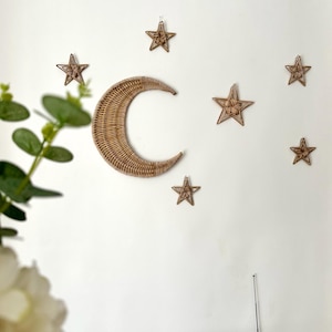 Set of moon and 5 stars, wicker nursery wall hangings art, kids room decor