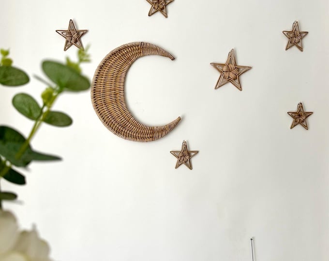 Set of moon and 5 stars, wicker nursery wall hangings art, kids room decor