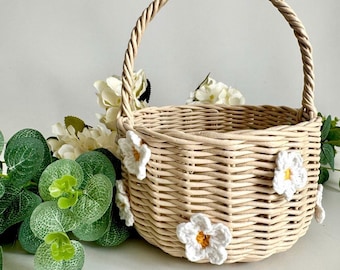 Tiny Small Flower girl basket with handle decorated crocheted daisies Rustic wedding Decor