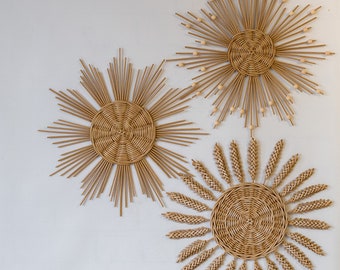 Set of 3 sun wicker hanging decor, Wicker nautical wall decor, Beach house decor