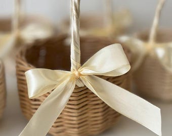Rustic Wicker Flower Girl Basket: Ivory Ribbon Bow, Kids Wedding Decor