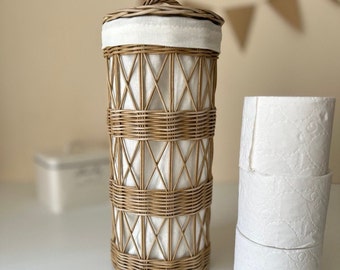 Cesta de mimbre para guardar papel higiénico con tapa, portarrollos de repuesto, caja de pañuelos cilíndrica tejida