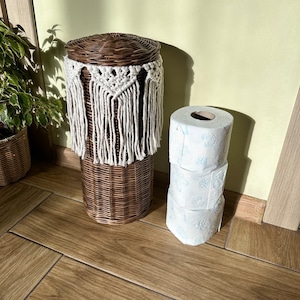 Wicker Toilet Paper Basket with Lid & Macrame Garland