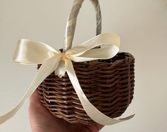 Wicker Small Flower Girl Basket: Rustic Wedding Decor with Ivory Bow