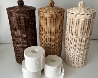 Nail free bathroom toilet paper holder, Storage wicker basket with lid, Cylinder toilet holder D