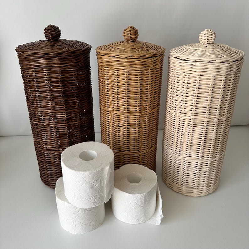 Nail free bathroom woven toilet paper holder, Toilet paper holder free standing, Storage wicker basket with lid, Toilet paper stand