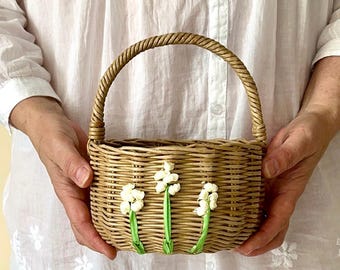 Flower girl basket with original flowers embroidered with ribbons  Rustic wedding decor