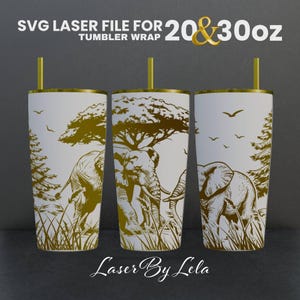 May include: SVG laser file for 20 & 30 oz tumbler wrap featuring a silhouette of two elephants walking through tall grass with a tree in the background. The design is in gold on a white background.