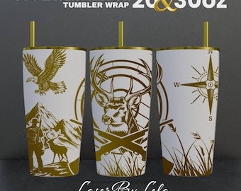 May include: SVG laser file for 20 & 30 oz tumbler wrap. Three designs feature a deer with antlers, an eagle in flight, and a compass with a mountain scene. All designs are in gold on a white background.