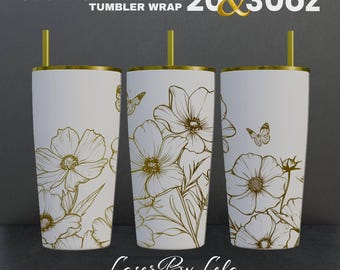Cosmos Flower Laser Engraved Tumbler Wrap SVG File (20oz & 30oz), svg laser file, tumbler Wrap