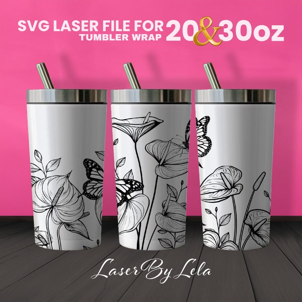 Anthurium Laser Engraved Full Wrap Design For 30 and 20 Tumbler, Flower SVG Laser file, Tumbler Wrap for Laser Rotary Machine