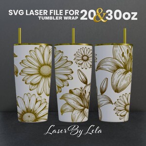 Lily With Daisy Flowers Laser Engraved Full Wrap Design For 20 and 30 oz Tumbler, Lily Daisy SVG Laser file, Wrap for Laser Rotary Machine