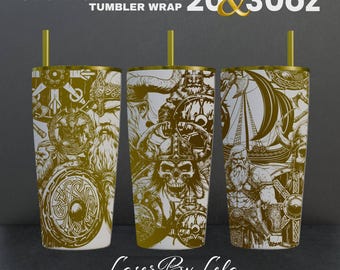 Puede incluir: Archivo SVG láser para envoltura de vaso de 20 y 30 oz con un diseño dorado y blanco con temática vikinga. El diseño incluye un barco, una calavera y un hombre barbudo.