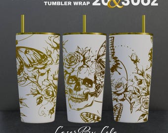 Skull Butterfly Laser Engraved Tumbler Wrap SVG (20 & 30 oz), laser engraving file