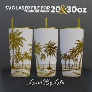 May include: Three gold-rimmed tumblers with a white background and a palm tree design in gold. The tumblers are 20 and 30 ounces. The text "Laser By Lela" is at the bottom of the image.