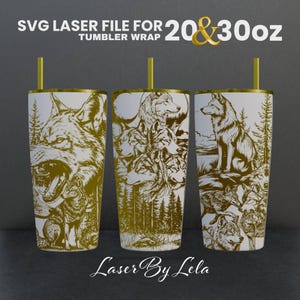 May include: SVG laser file for 20 & 30 oz tumbler wrap featuring a gold wolf design on a white background. The design includes multiple wolves in a forest setting.