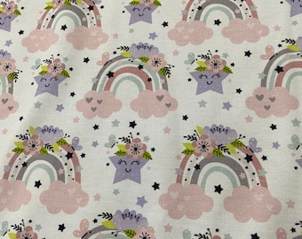 Flowers and Rainbows on Bamboo Stretch French Terry Fabric