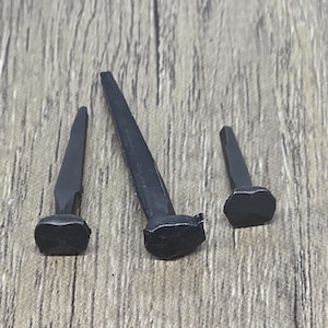 May include: Three black metal nails with square heads. The nails are different sizes.
