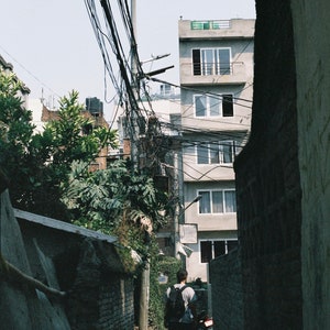 Könnte beinhalten: Eine urbane Szene mit einer schmalen Gasse, in der eine Person sich von der Kamera entfernt. Gebäude mit Fenstern und elektrische Leitungen sind sichtbar. Grünes Laub und eine Backsteinmauer sind ebenfalls vorhanden.