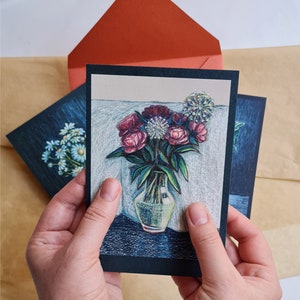 Postkarten Frühlingsblumen pastell Fritillaria Hortensien Blumen Pastellmalerei Hortensien Blumen pastellig A6 gerahmt 10x15x1,5 cm
