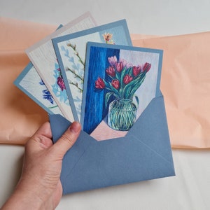 Tulp ansichtkaarten bloemen hyacint narcissen iris oliepastel schilderij lentetuin bloemen tekening cadeau briefpapier A6 frameable wand decor 4 x 6