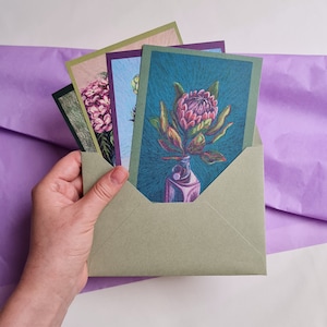 Artischoken Protea Postkarten Blumen Hortensien Öl Pastell Malerei exotisch afrikanische Blumen Geschenk Briefpapier A6 mit Rahmen als Wanddeko 10x15
