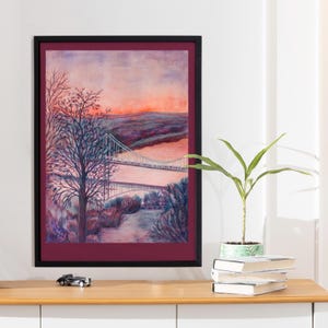 Amanecer en Kiev sobre el río Dniéper, técnica mixta de acuarela, dibujo de paisaje, puente de árboles de encaje, recuerdos de viajeros de Ucrania, regalo, ORIGINAL o IMPRESIÓN