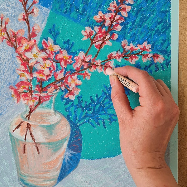 Cherry blossom oil pastel painting spring pink bouquet vase tender flowers drawing turquoise wall decor frameable art home ORIGINAL or PRINT