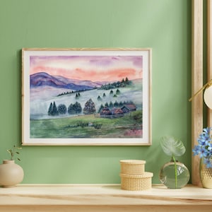 Alba che sorge nella nebbia acquerello opera d'arte paesaggio ucraino pecore fattoria pagliaio alberi foresta colorato estate umore regalo amante dell'arte