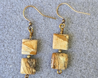 Picture Jasper Stone Earrings, Earth Tone Gemstone Jewelry, Square, Semi-Precious, Beads, Jasper,