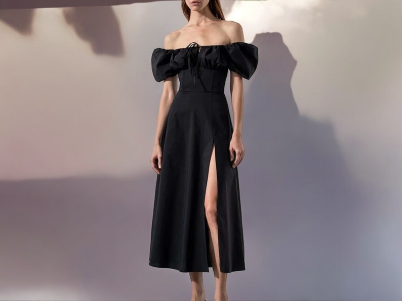 Long Split Dress for Women Streetwear Puff Gown Sundress Clothes BLACK