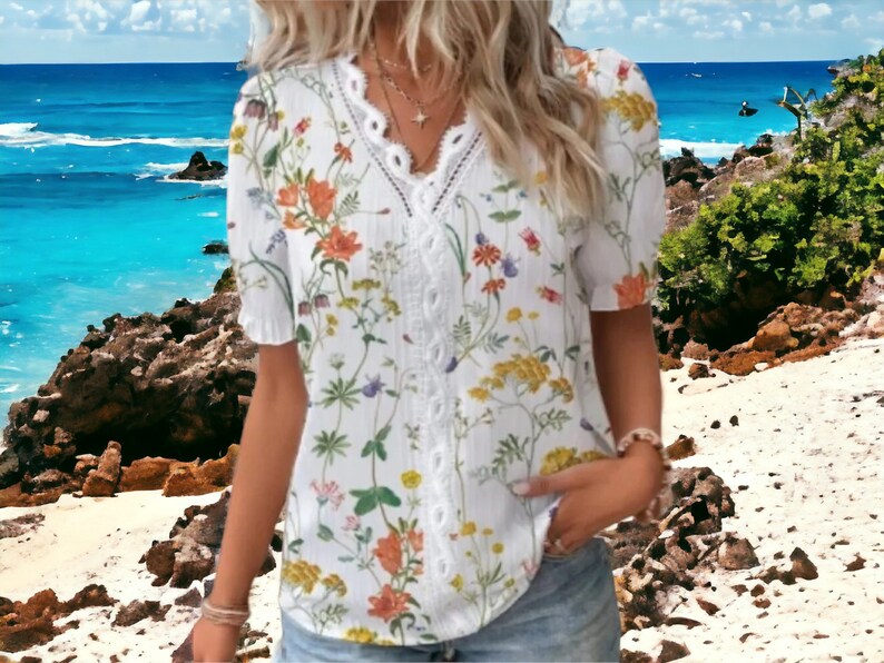 Short Sleeve Tops Comfortable Floral Outfit Women's Wear zdjęcie 7