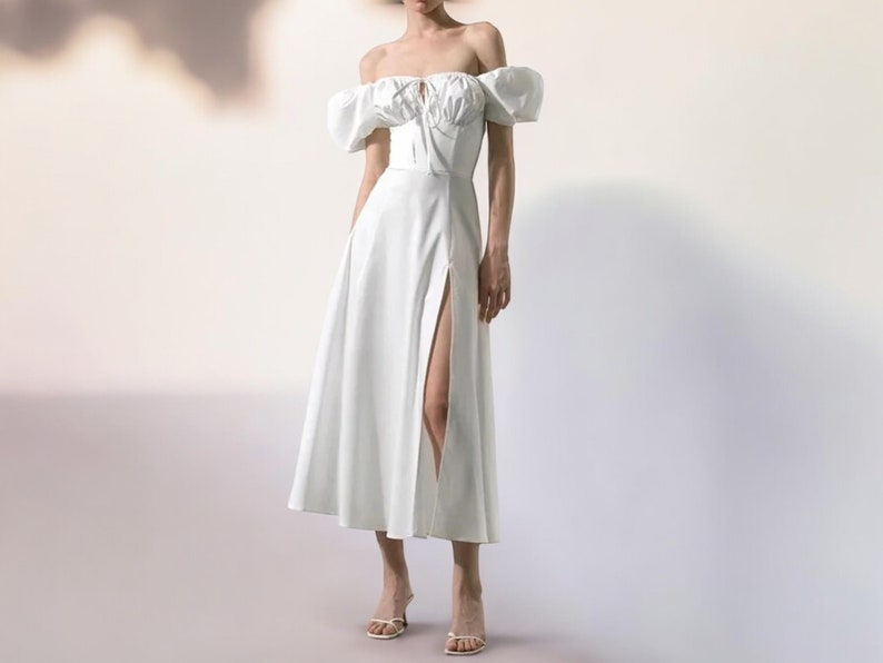 Long Split Dress for Women Streetwear Puff Gown Sundress Clothes WHITE