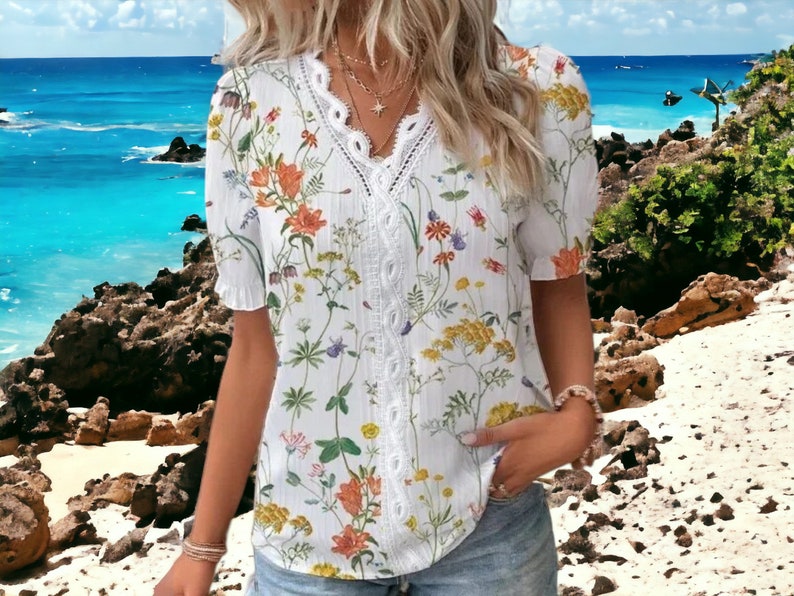 Short Sleeve Tops Comfortable Floral Outfit Women's Wear zdjęcie 2